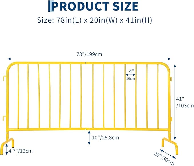 Interlocking Steel Barricade, 6.5 Ft. Heavy Duty Galvanized Metal Barricade, Interlocking Steel Road Barriers with with Bridge Feet Base, for Crowd Control Event Fencing Indoor/Outdoor, Yellow
