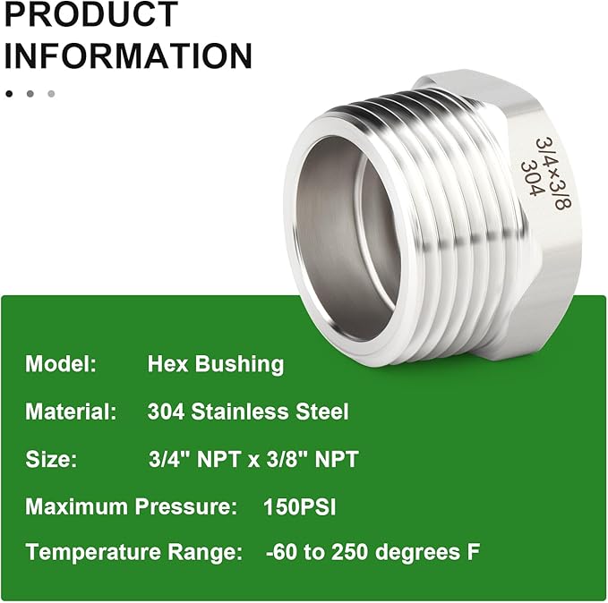 TAISHER 5PCS 304 Stainless Steel New Reducer Hex Bushing, 3/4" NPT Male x 3/8" NPT Female, Reducing Pipe Adapter Fitting