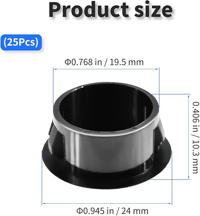25 Pcs OD 0.768"(19.5mm) Black Hole Knockout Locking Plugs,Plastic Nylon Round Drilling Hole Plugs,Flush Type Panel Round Snap in Fastener,Tube Fastener Cover for Furniture Insert End Caps