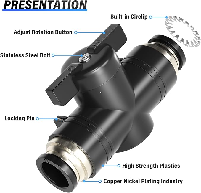 TAILONZ PNEUMATIC BVU-1/4 OD Ball Valve Air Flow Control Valve Push to Connect Fitting（Pack of 3）