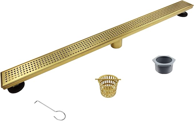 Linear Shower Drain 36", 304 Stainless Steel Floor Drain with Grid Drain Cover & Hair Strainer, Rectangular Shower Drain w/CUPC Certified, Brushed Gold