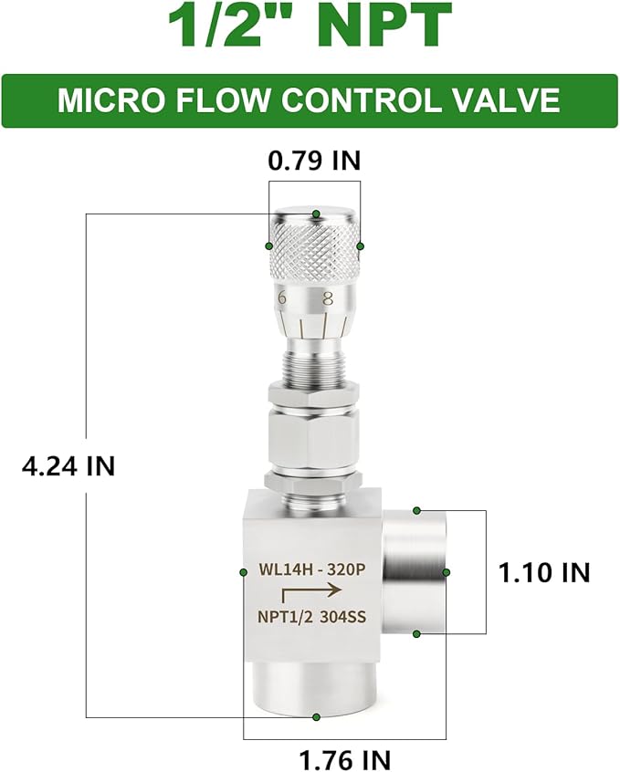 TAISHER 1PCS 304 Stainless Steel Reduce Port 3mm 90 Degree Elbow Needle Valve 1/2" NPT Female，Accurate Dials For Micro Flow Control Instrument Gauge Water Gas Oil