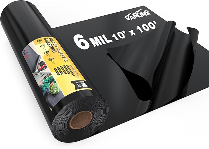 6 Mil Black Plastic Sheeting 10x100 FT – UV Protection Poly Sheeting Polyethylene Film, Black Plastic Rolls for Garden, Crawl Space Vapor Barrier, Construction, Landscaping, Weed, Moisture Control