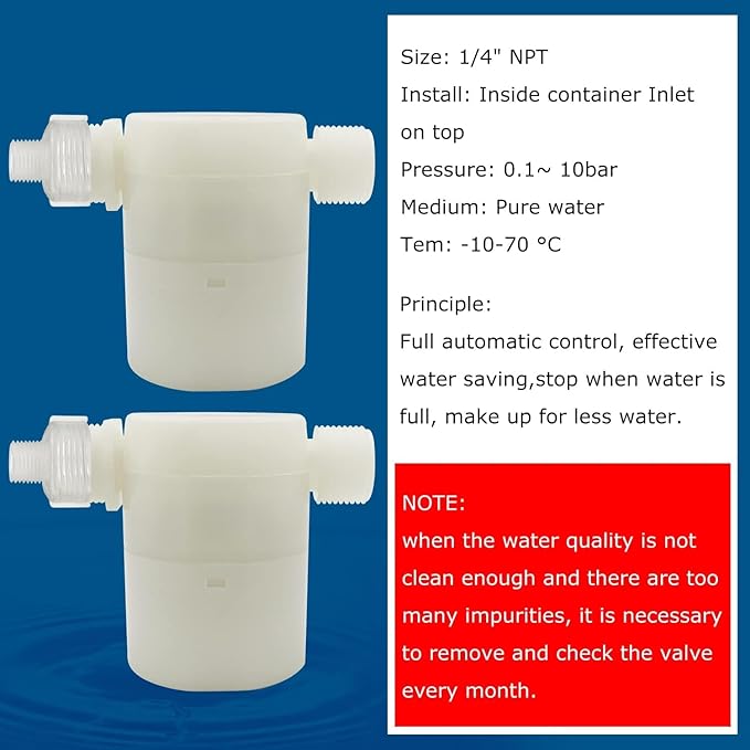 Water Float Valve, Water Level Control Water Tank Traditional Float Valve Upgrade 2 PCS (side inlet, 1/2" to 1/4")