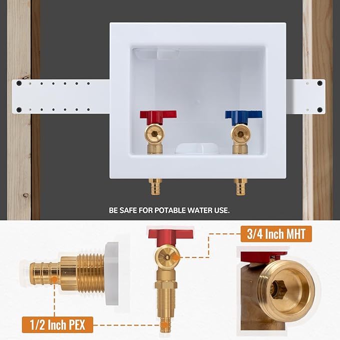 SUNGATOR Pex Washing Machine Outlet Box with Center Drain, Laundry Washer Valve Box, 1/2 Inch Pex Crimp Inlet x 3/4 Inch MHT Outlet，with 4 Crimp Rings