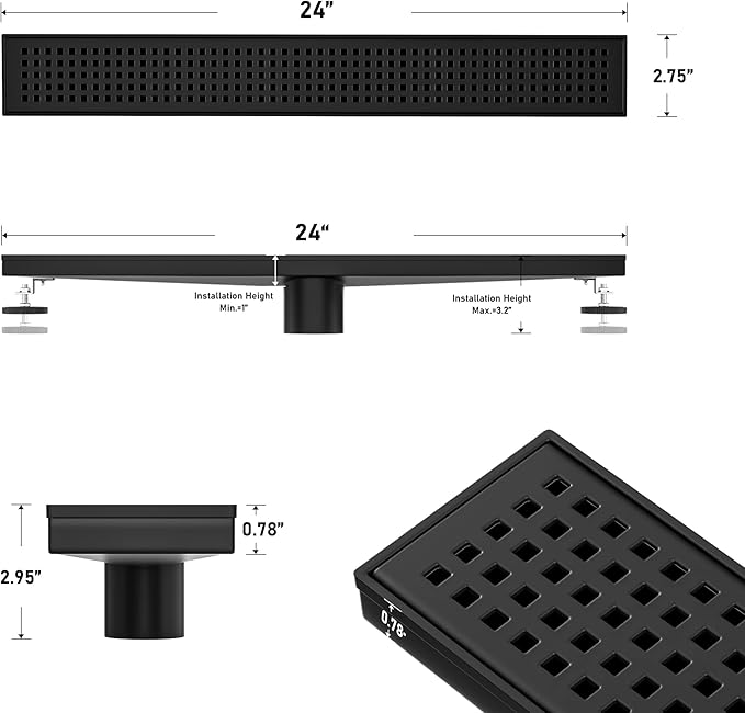 Linear Shower Drain 24", 304 Stainless Steel Floor Drain w/Hair Strainer, Rectangular Shower Drain w/CUPC Certified, Matte Black