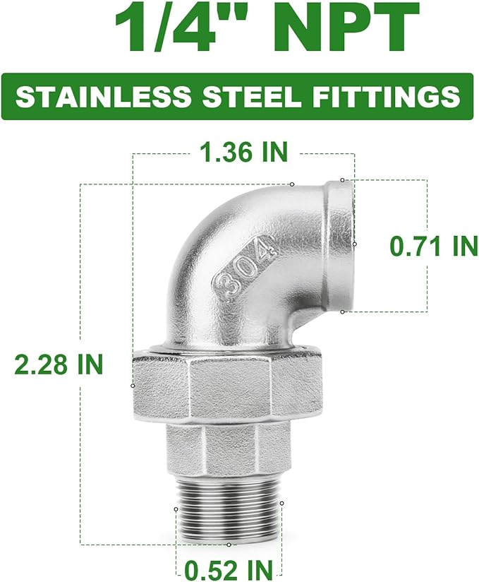 TAISHER 2PCS 304 Stainless Steel 90 Degree Elbow Union，1/4" NPT Female x 1/4" NPT Male Cast Pipe Fitting