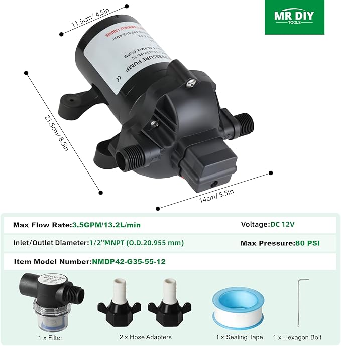 12V RV Water Pump, 3.5 GPM,40-80 PSI Adujstable Diaphragm Pump with Automatic Pressure Switch,1/2'' MNPT Port, Quiet & Smooth Operation,1 Pump + 1 Strainer,Compatible with Camper, RV, Shower, Sprayer