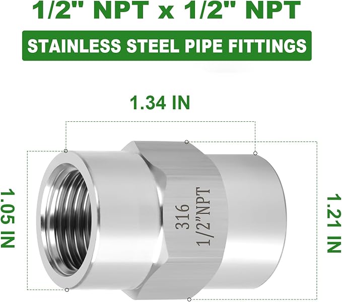TAISHER 2PCS Forging of 316L Stainless Steel Pipe Fitting, Coupling, 1/2" NPT Female x 1/2" NPT Female, Pipe Adapter Fitting