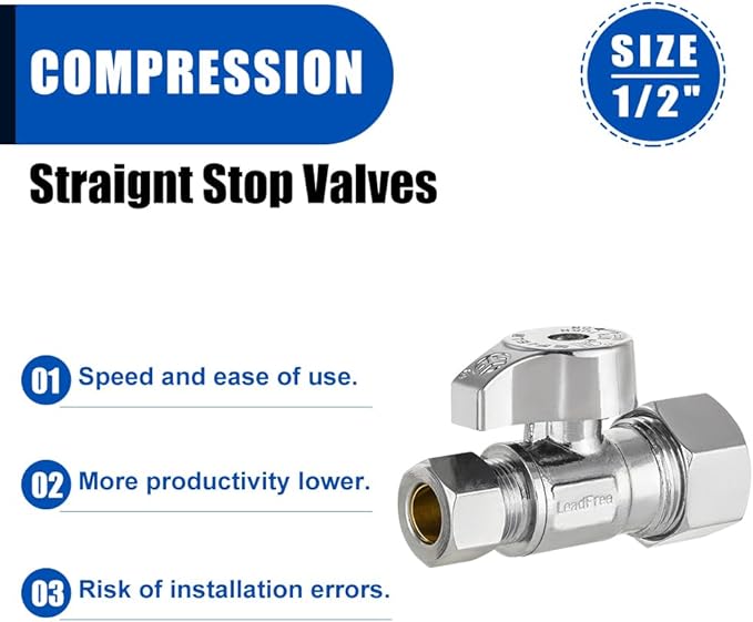 Pro 8-Pack EFIELD Straight Stop Valve 1/2" Nominal (5/8" OD) Compression x 3/8" OD, 1/4-Turn, Heavy Duty, Chrome Plated LF Brass,(VALVE373)