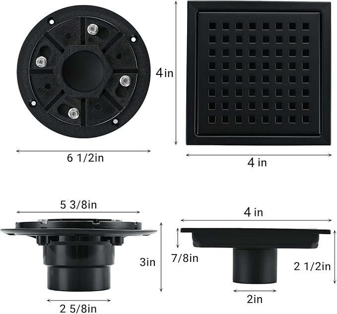 4 Inch Square Shower Floor Drain, Stainless Steel Black Shower Drain Kit with Flange, Floor Drain with Removable Grid Cover,Matte Black
