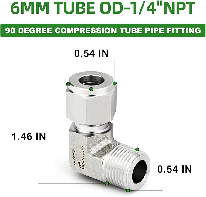 TAISHER 1PCS 304 Stainless Steel 90 Degree Compression Tube Pipe Fitting Connector, 6MM Tube OD x 1/4" NPT Male Adapter