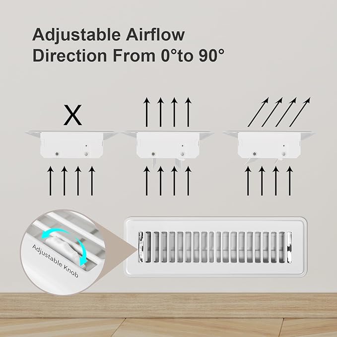 2x12 Floor Register 4 Pack - Heavy Duty Steel Floor Vent Covers with Adjustable Grille - Walkable Vent Covers for Home Floor and Sidewall - Energy-Saving 2 Inch by 12 Inch Register Vents (White)