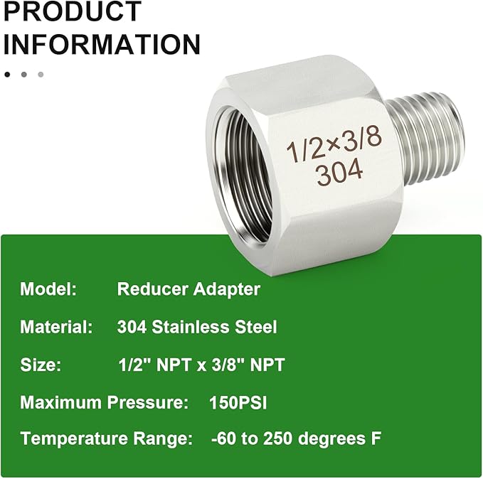 TAISHER 10PCS 304 Stainless Steel Pipe Fitting, New Reducer Adapter, 3/8" NPT Male x 1/2" NPT Female, Reducing Pipe Adapter Fitting