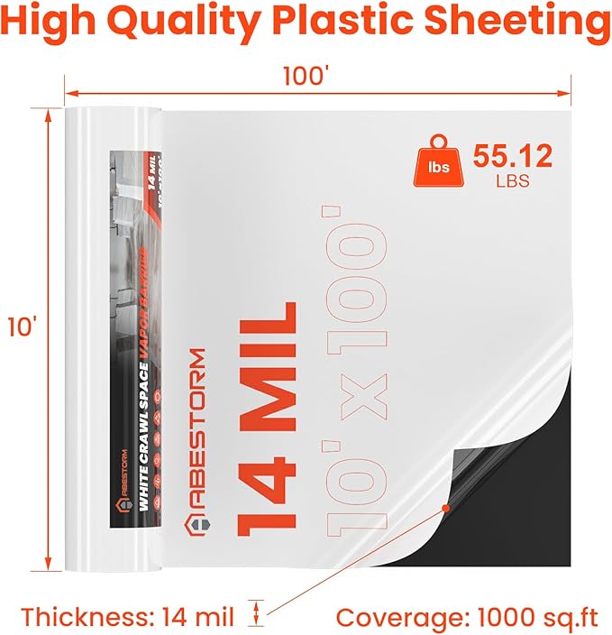 ABESTORM Crawl Space Vapor Barrier 14 Mil Film 10'x100' Thick Plastic Sheeting Drop Cloth Vapor Barrier Covering for Crawlspace, Encapsulation, Blackout Plastic Painters Tarp, Black and White Film