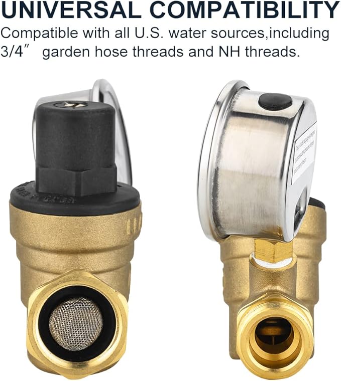 EFIELD RV Water Pressure Regulator Valve, Adjustable Water Pressure Reducer with Gauge and Inlet Screen Filter for RV Camper Travel Trailer,(TOOL029)