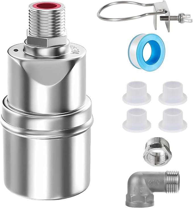Float Ball Valve with Support, 1/2" 3/4'' 1''Auto Shut Off Ball Mini Float Valve, 304 Stainless Steel Fully Automatic Water Level Control Float Valve for Water Trough, Tank and Livestock(1 Pack)