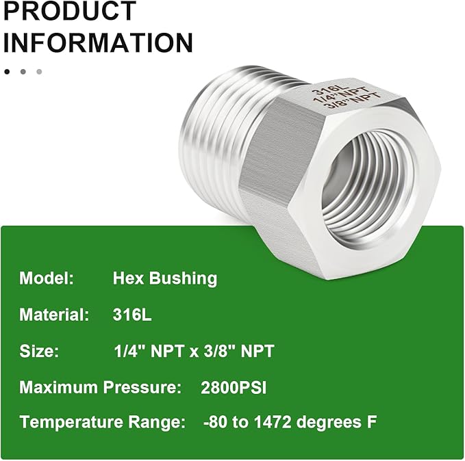 TAISHER 2PCS Forging of 316L Stainless Steel Reducer Hex Bushing, 3/8" Male NPT to 1/4" Female NPT, Reducing Forging Pipe Adapter Fitting