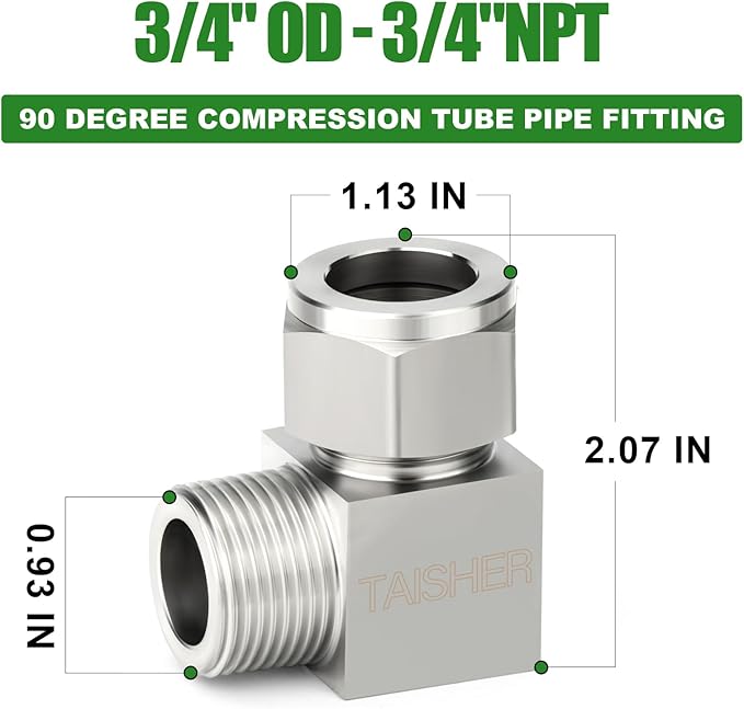 TAISHER 1PCS 304 Stainless Steel Square 90 Degree Compression Tube Pipe Fitting Connector, 3/4" Tube OD x 3/4" NPT Male Adapter