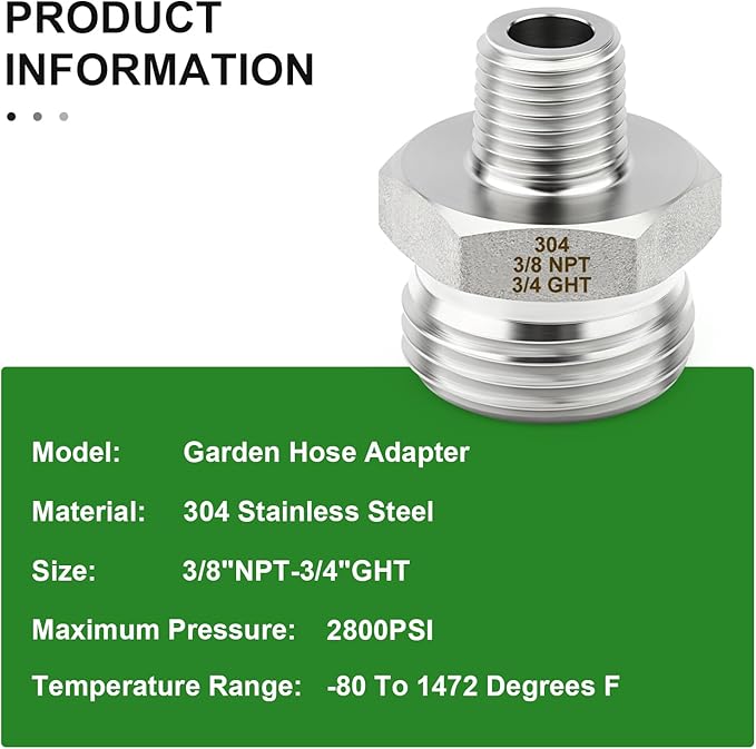 TAISHER 2PCS 304 Stainless Steel Garden Hose Adapter, 3/4" GHT Male x 3/8" NPT Male Garden Hose Connector with Washers