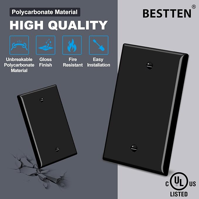 BESTTEN [10 Pack] 1-Gang No Device Blank Wall Plate, Standard Size, H4.53” x W2.76”, Unbreakable Polycarbonate Thermoplastic Outlet Cover, UL Listed, Black