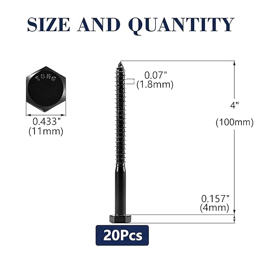 1/4" x 4" Hex Head Lag Screws Bolts 20Pcs 304 Stainless Steel 18-8, Partial Thread, Hexagon Head Wood Screws by Black Oxide by SG TZH