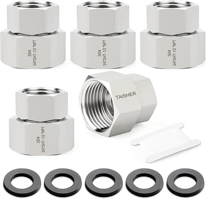TAISHER 5PCS 304 Stainless Steel Garden Hose Adapter, 3/4" GHT Female x 1/2" NPT Female Garden Hose Connector with Washers