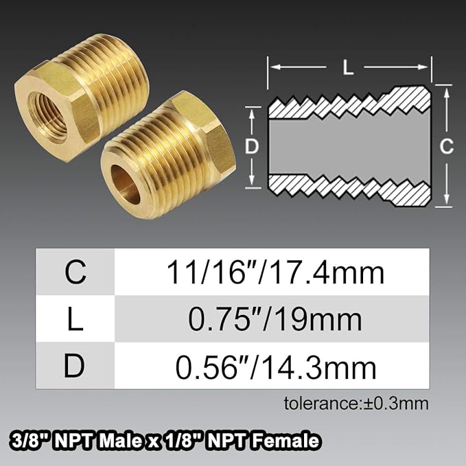 3/8 Inch NPT Male to 1/8 Inch Female NPT Thread Brass Fitting Reducing Hex Head Bushing Pipe Hose Adapter Convert Max 1200 PSI Pack of 2