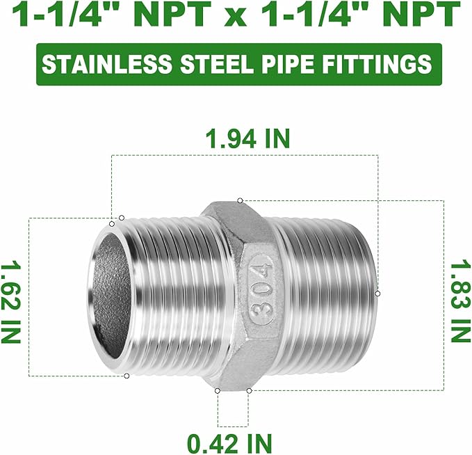 TAISHER 5PCS Cast 304 Stainless Steel Hex Nipple, Pipe Fitting 1-1/4" NPT Male x 1-1/4" NPT Male