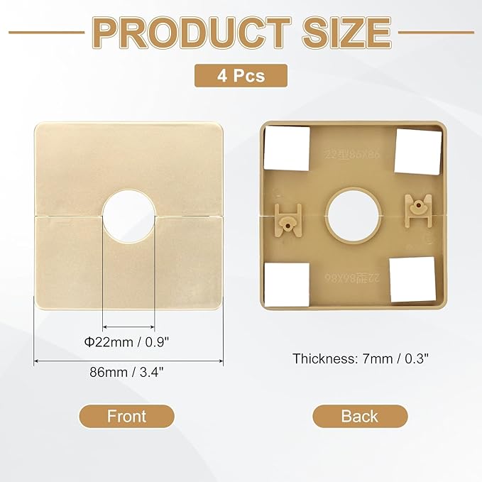 PATIKIL Wall Split Flange 86mm / 3.4" OD, 4 Pcs Square Escutcheon Plate Cover PPR Plumbing Cover Plates with Self-Adhesive Tape for 22mm / 0.9" Dia Water Pipe Faucet, Gold