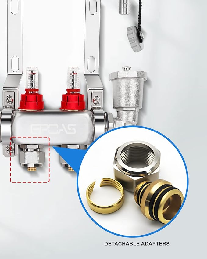2-Loop Radiant Floor Heating Manifold PEX Tubing Heating Hydronic Manifolds Floor Manifold Stainless Steel Radiant for 1/2" Adapter