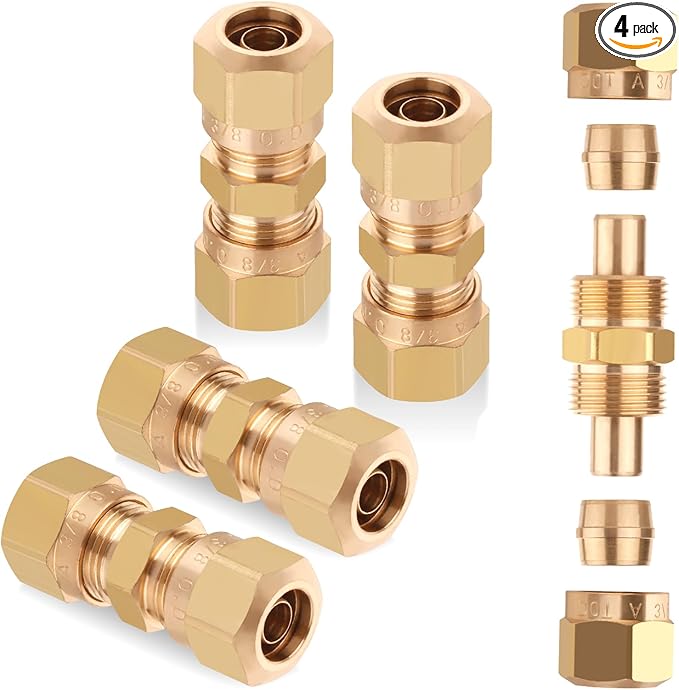 D.O.T Brass Compression Straight Union Fittings, 3/8" Air Compression Union for Nylon Tubings (Pack 4)