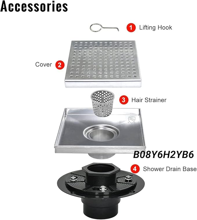 Square Shower Drain, Shower Drain 6 inch with Removable Grate Cover, Corrosion Resistant AISI 304 Stainless Steel Shower Floor Drain with Hair Catcher