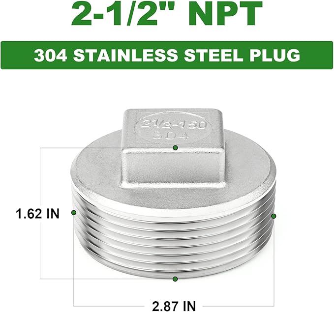 TAISHER 1PCS 304 Stainless Steel Outer Square Thread Socket Pipe Plug Fitting 2-1/2" NPT Male