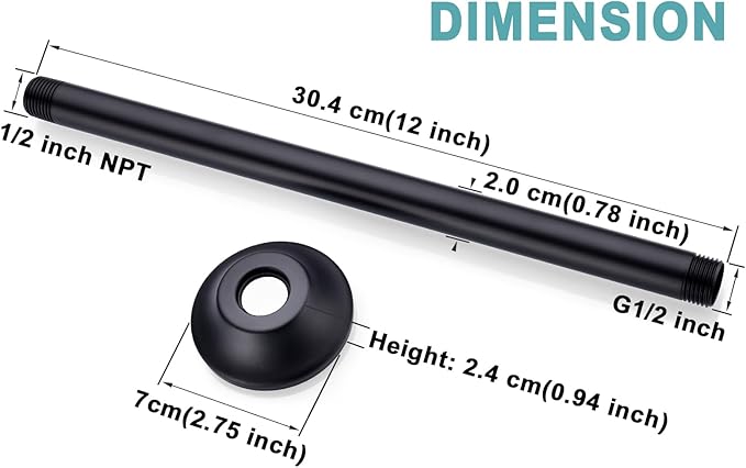 BESTILL 12 Inch Ceiling Mount Rain Shower Head Arm and Flange, Matte Black