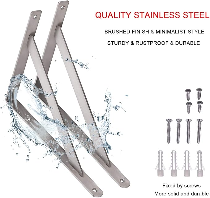 YUMORE 14" Stainless Steel Shelf Bracket, Max Load: 550lb Heavy Duty Solid Shelf Support Corner Brace Joint Right Angle Bracket, Pack of 2