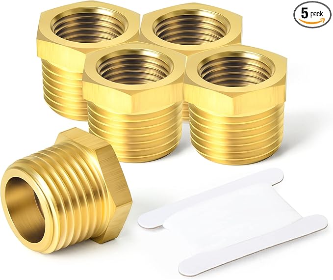 TAISHER 5PCS Brass Reducer Hex Bushing Threaded Pipe Fitting 3/8" NPT Male x 1/8" NPT Female Adapter