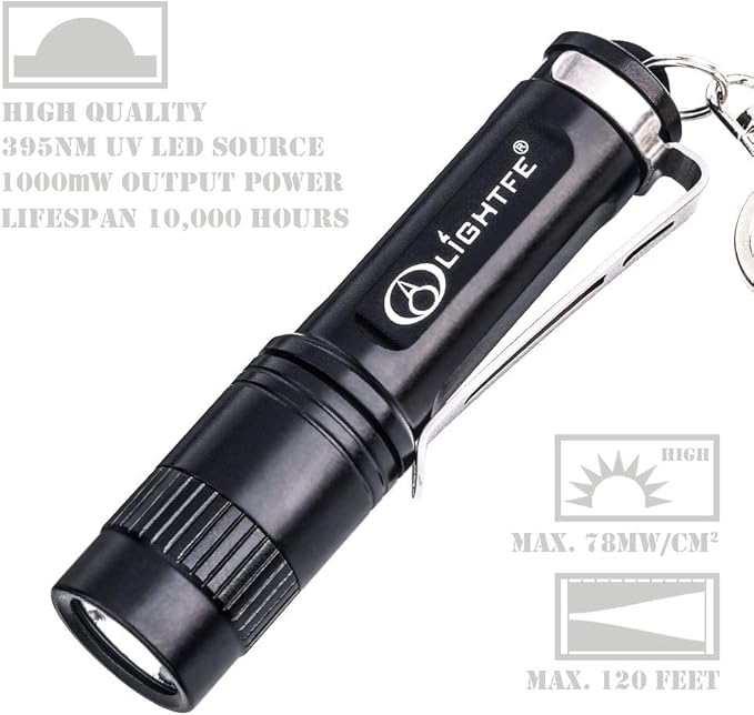 LIGHTFE Black light UV Light Keychain Flashlight with High Power UV 395nm LED Source High Power and Strong Beam for Pet Urine Detector Light, UV Glue Curing,Professional Art Repairing…