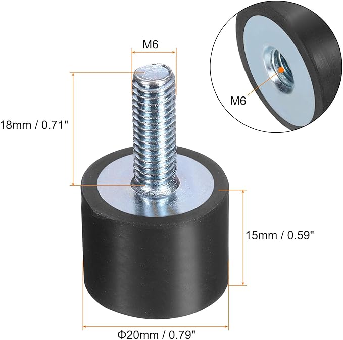 uxcell 6pcs M6x18mm Rubber Isolator Mounts with Studs 20x15mm Male Female Vibration Shock Absorber Zinc Plated Cylindrical Thread Mounts Anti Vibration Isolators with 6pcs M6 Lock Nuts