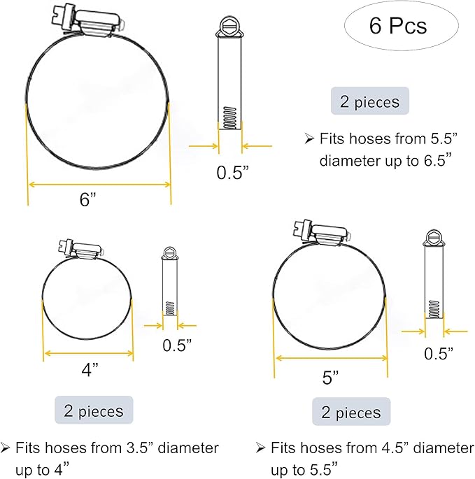 6 Pieces Adjustable 304 Stainless Steel Worm Gear Hose Clamps Water Pipe Clamps Assortment Kit Duct Clamps Pipe Clamp worm drive hose clamps (4" 5” 6")