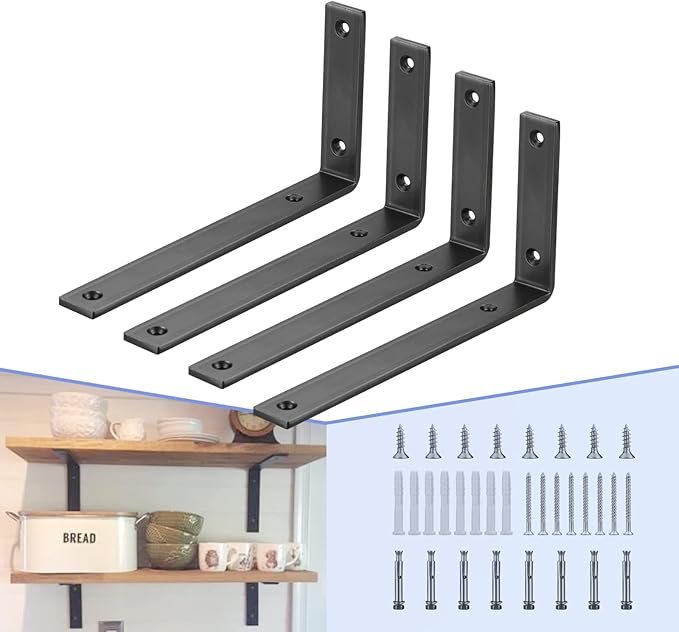 CLT Black Shelf Bracket, 10” X 4.7” Quarter Inch (1/4") Thick- Max Load: 440 lb Rustic Industrial Modern Farmhouse Heavy Duty Cold Rolled Steel Bracket for DIY Table Bench, Pack of 4