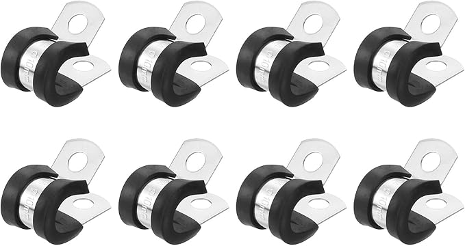 uxcell 3/8"(10mm) Cable Clamp, 304 Stainless Steel Rubber Cushioned Insulated Clamp R Shape Metal Clamp Tube Holder for Pipe Hose Wire Cord Installation 8Pcs