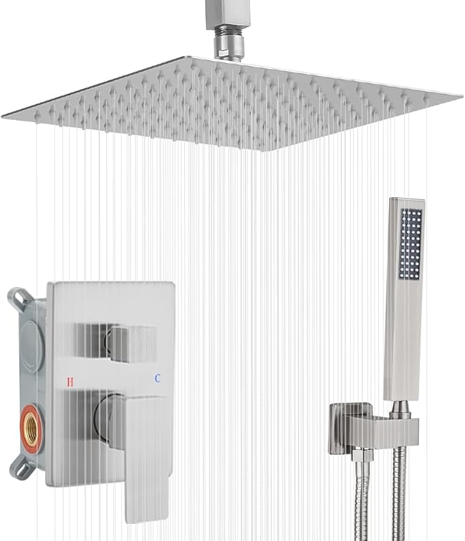 Shower System Brushed Nickel Bathroom 10 Inch Rain Shower Head Ceiling Mount with Handheld Luxury High Pressure Shower Combo Set Shower Faucet Rough-in Valve Body and Trim Kit