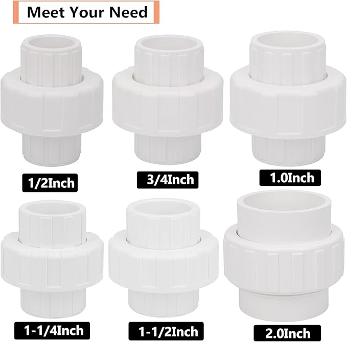 2 Pack 2" PVC Union Coupling Pipe Fitting (Socket x Socket) 2 Inch PVC Slip Union PVC Adapter Coupling Schedule 40, EPDM O-Ring, White