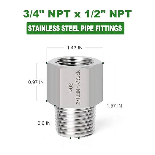 TAISHER 2PCS Forging of 304 Stainless Steel Fitting, Reducer Adapter, 1/2-Inch Male Pipe x 3/4-Inch Female Pipe