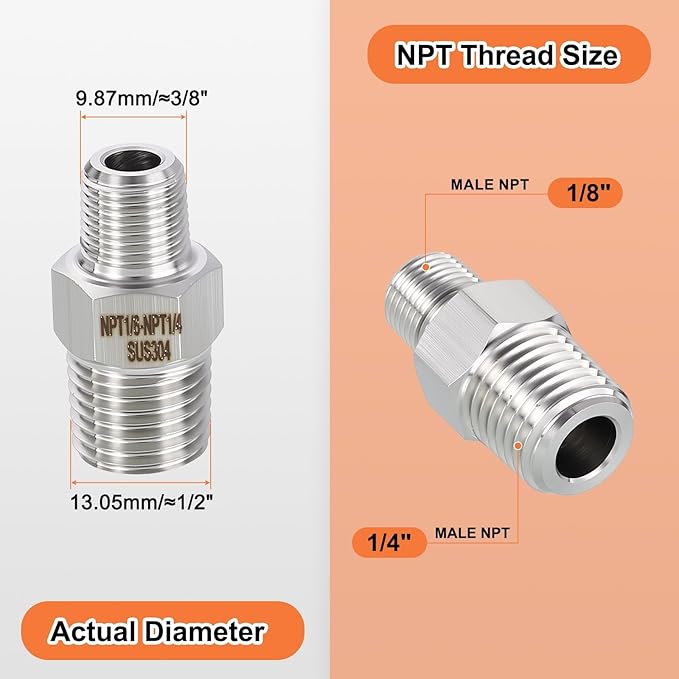 10 Pack 304 Stainless Steel Male to Male Adapter, 1/4" Male NPT x 1/8" Male NPT Hex Nipple Pipe Extension Fitting for Industrial, Automotive, Fluid Transfer, Home Gardening, Water