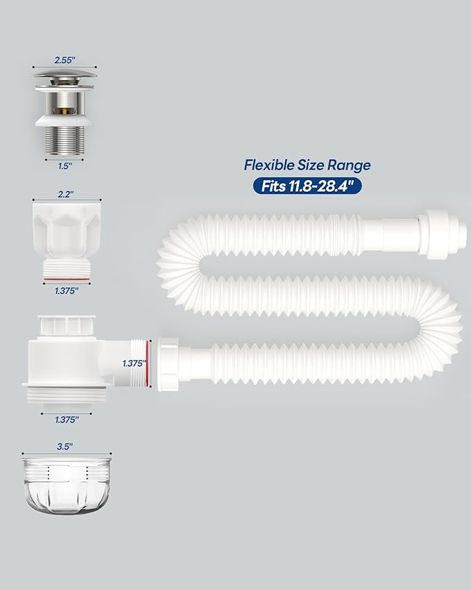 BOTEMY Brushed Bathroom Sink Drain Kit with Flexible Sink Drain Pipe -No Tool Installation,11.8-28.4" Anti-Odor Expandable Sink P-Trap,1.25"-1.5" Pop Up Stopper &Strainer Hair Catcher(with Overflow)