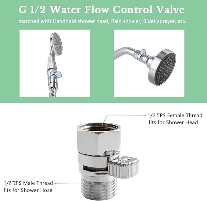 APLusee Shower Flow Control Valve, Brass Adjustable Water Flow Regulator with On Off Switch, Chrome