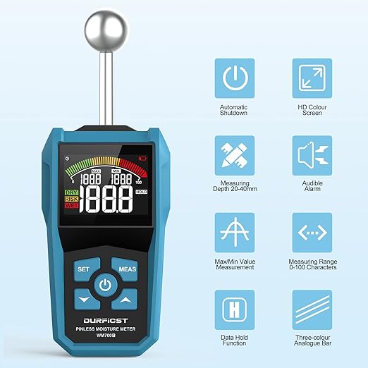 Wood Moisture Meter, DURFICST Pinless Moisture Meter with Colour LCD Display and Audible Alarm, Moisture Reader for All Building Materials, Wood, Wall, Plaster, Masonry…