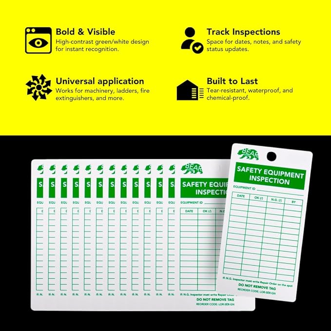 BearLOTO Safety Equipment Inspection Notice - Hazard & Accident Prevention Tag - Multiple Application - Machinery Fire Extinguisher Scaffold Ladder Equipment Factory - GreenWhite - Pack of 20
